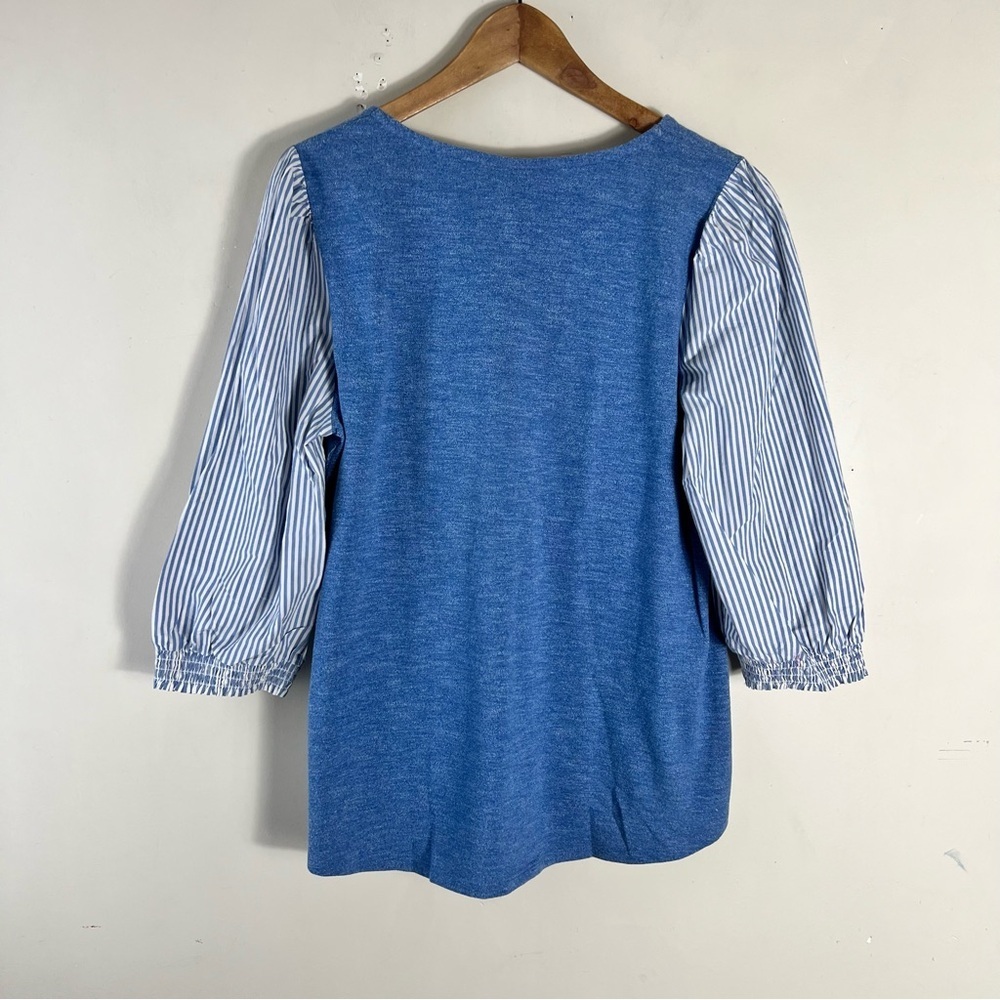 Chico’s Women’s Blue Mixed Media Top Shirt Size Medium Bubble Sleeve Peasant - Picture 2 of 10